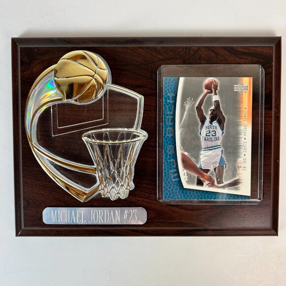 Vtg Michael Jordan Wood and Acrylic Plaque Card Holder Includes Card - Picture 1 of 7